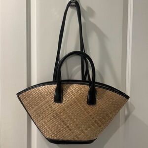 Elegant Tan and Black Woven Tote Bag